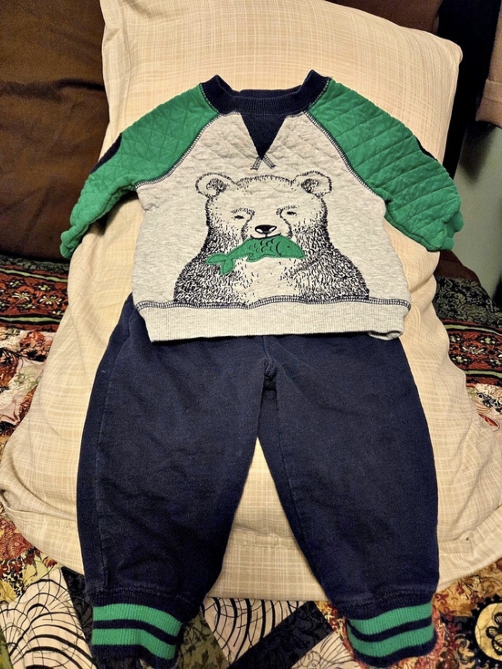 Little Me Bear Quilted Sweatshirt and Pants Fishing Bear Set Blue & Green 12M